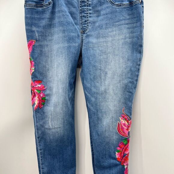 Chico’s Embroidered Cropped Pull Up Blue Jeans with Pink Floral Accents - Picture 3 of 6